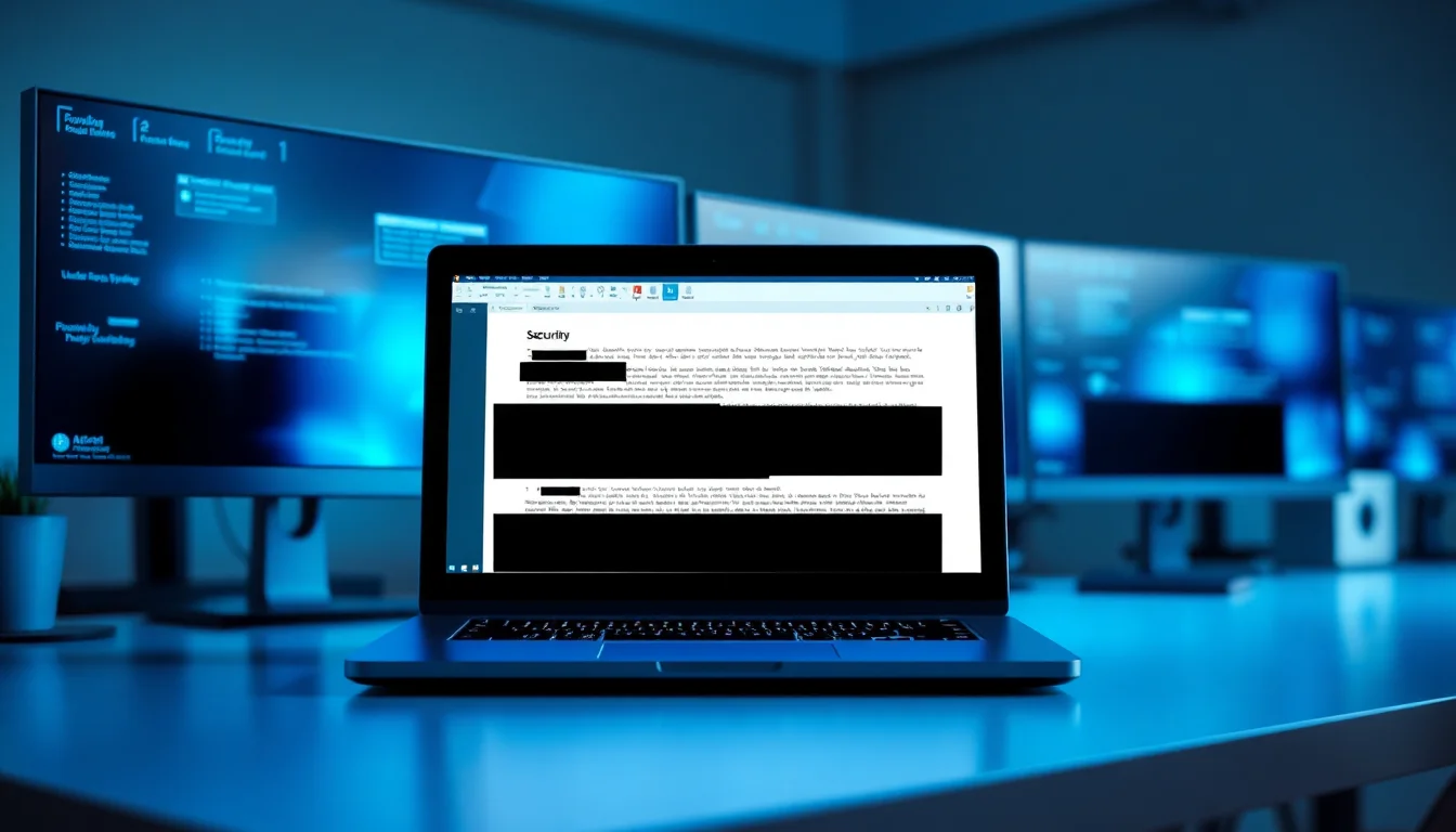 A Windows laptop screen showing a redacted PDF document with black boxes covering sensitive text, organized workspace with monitor displaying security verification