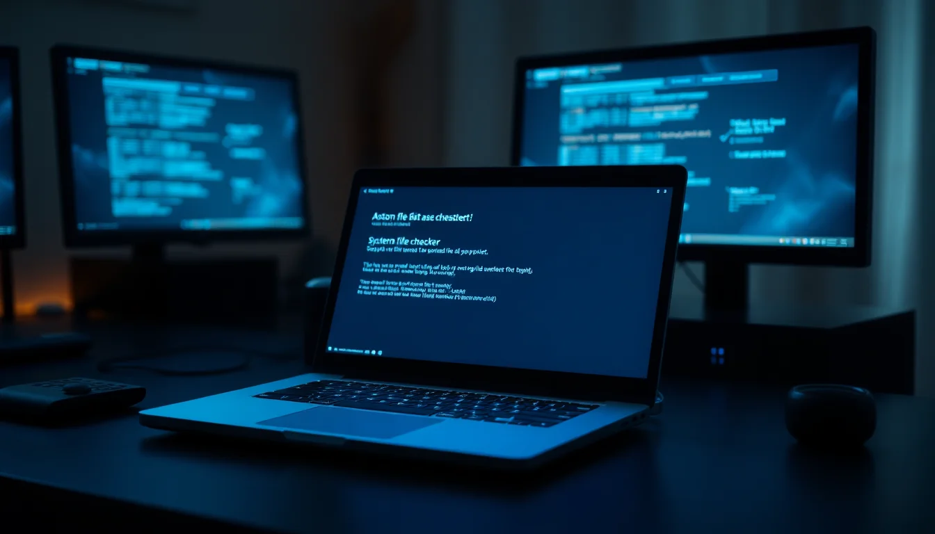 Windows 11 laptop on a dark desk showing a Command Prompt window with sfc scannow error message on screen