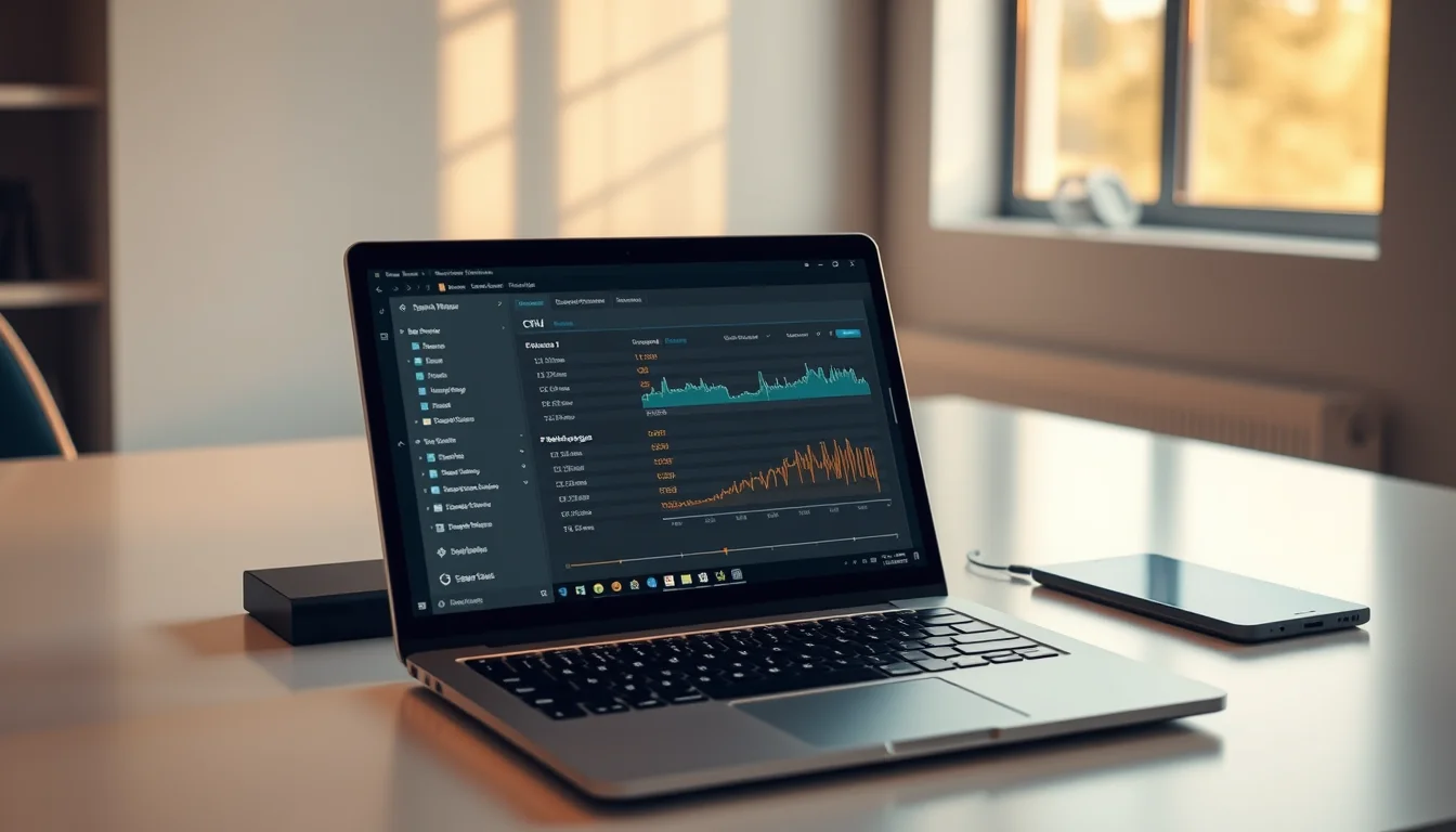A Windows 11 laptop on a modern desk showing Task Manager with high CPU usage and sluggish performance warning
