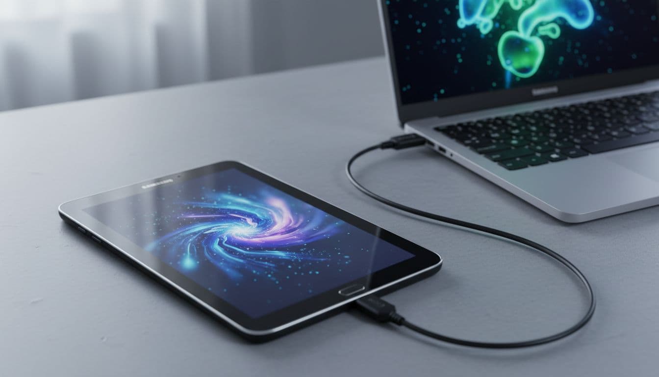 Samsung Galaxy Tab 3 SM-T310 connected via Micro-USB cable to a Windows laptop on a grey desk showing Device Manager with unknown device error
