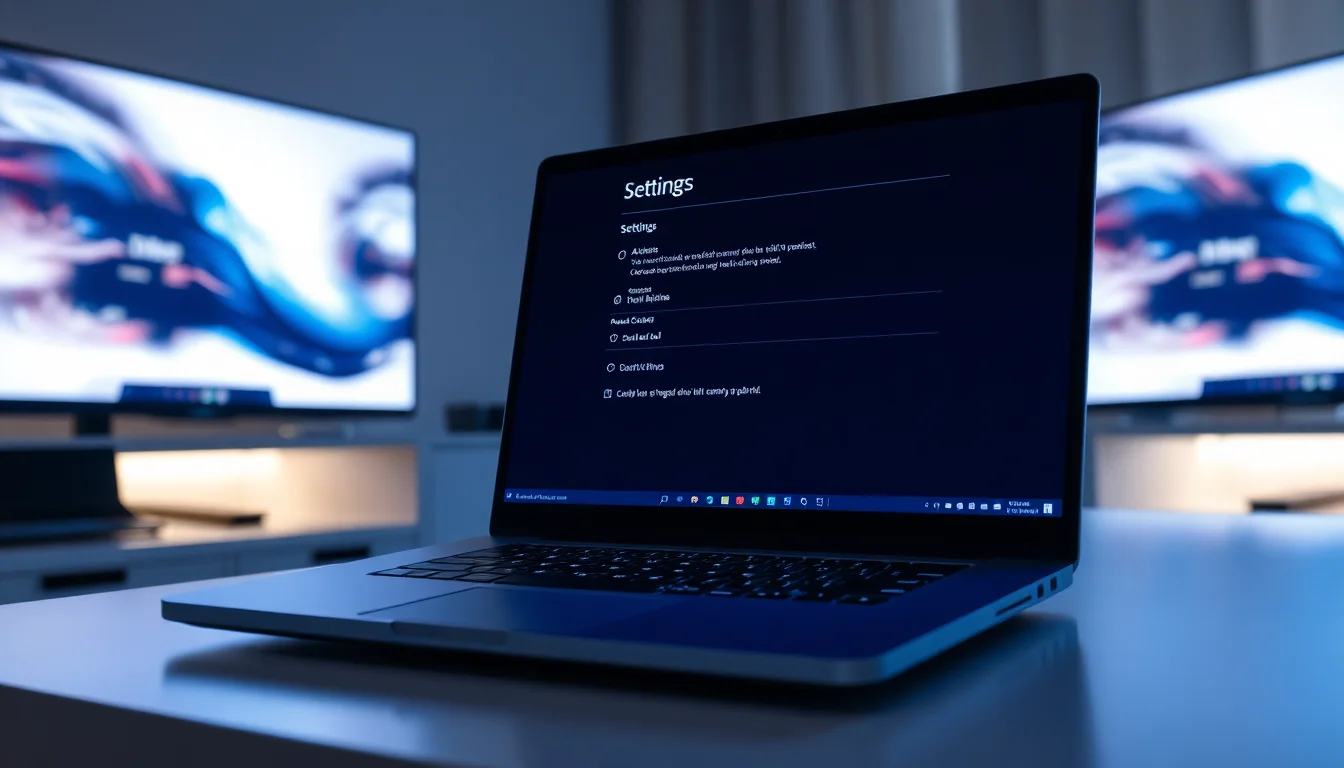 Windows 11 laptop on a desk with spatial sound settings open, showing Dolby Atmos options, soft blue lighting from monitor, professional focused atmosphere