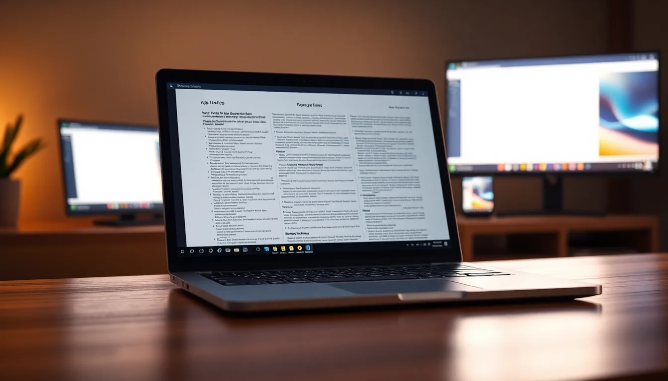 Windows 11 laptop on a desk showing a large PDF file open with split page options visible on screen