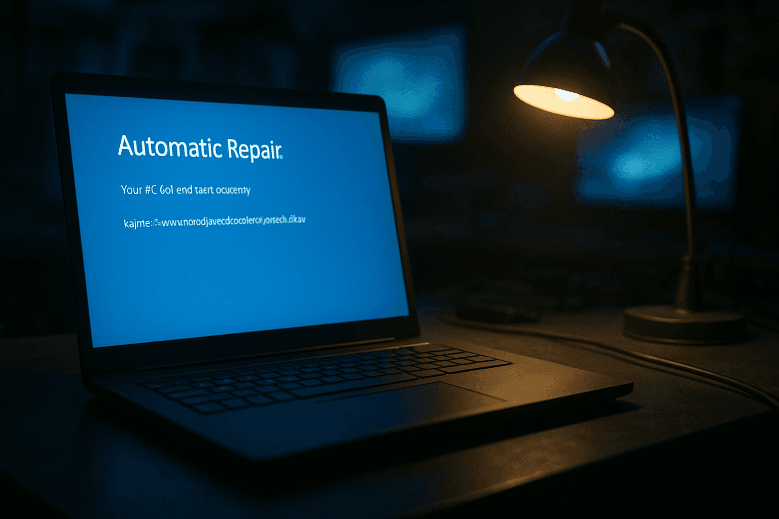 Windows laptop on dark desk showing Automatic Repair failed screen with SrtTrail.txt log path visible
