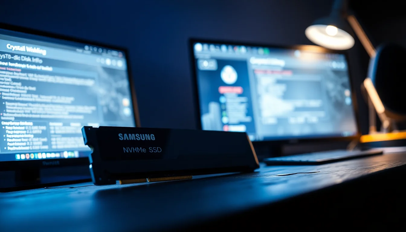 A Samsung NVMe SSD removed from a Windows PC sitting on a dark slate workbench next to CrystalDiskInfo health report on screen