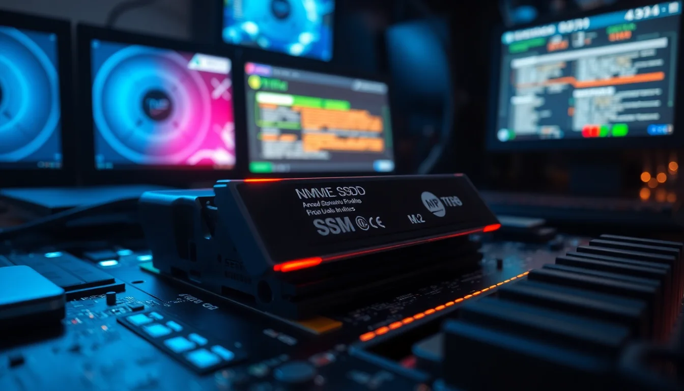 Close-up of NVMe SSD on motherboard M.2 slot showing performance degradation warning on Windows 11 monitor, cool blue technical lighting, focused diagnostic atmosphere
