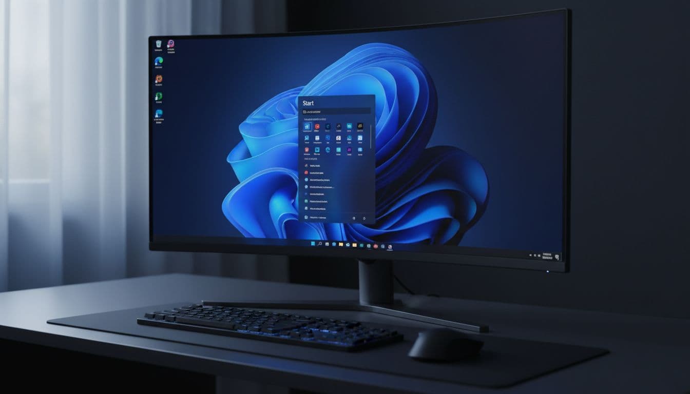 Windows 11 Start menu open on a dark desktop showing truncated app names with ellipsis next to accessibility text size slider set high