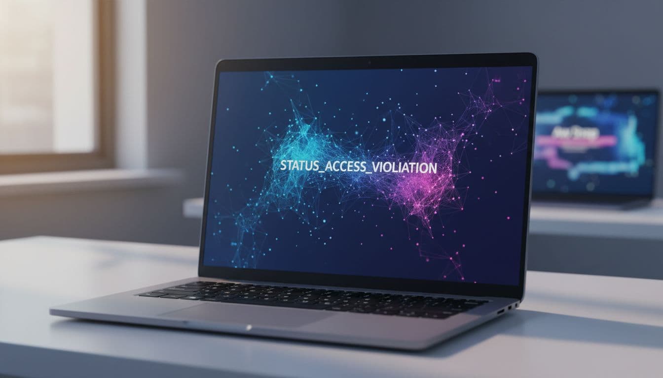 Windows laptop on a desk showing a Chrome Aw Snap STATUS_ACCESS_VIOLATION error page in a dimly lit home office