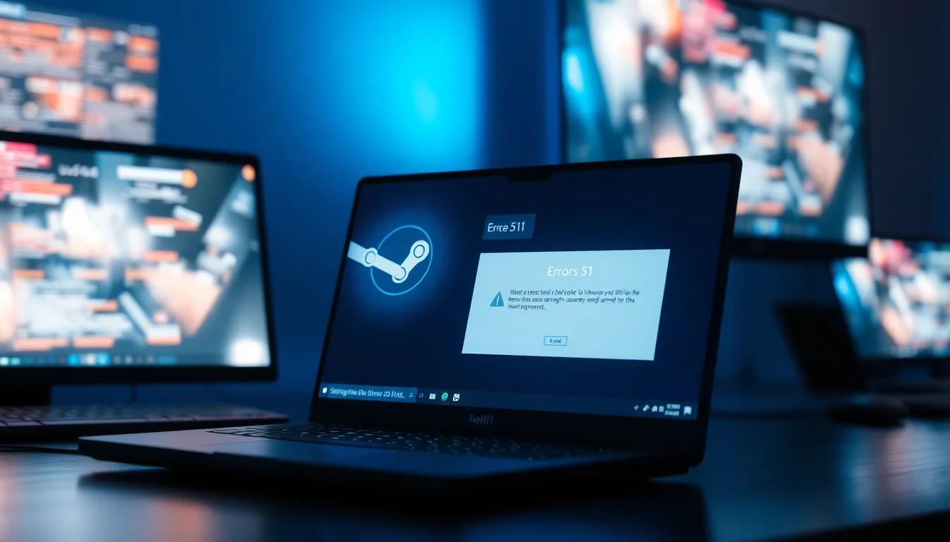Windows 11 desktop with Steam application window showing error code 51 message, monitor displaying failed game launch notification, soft blue gaming lighting, frustrated focused atmosphere