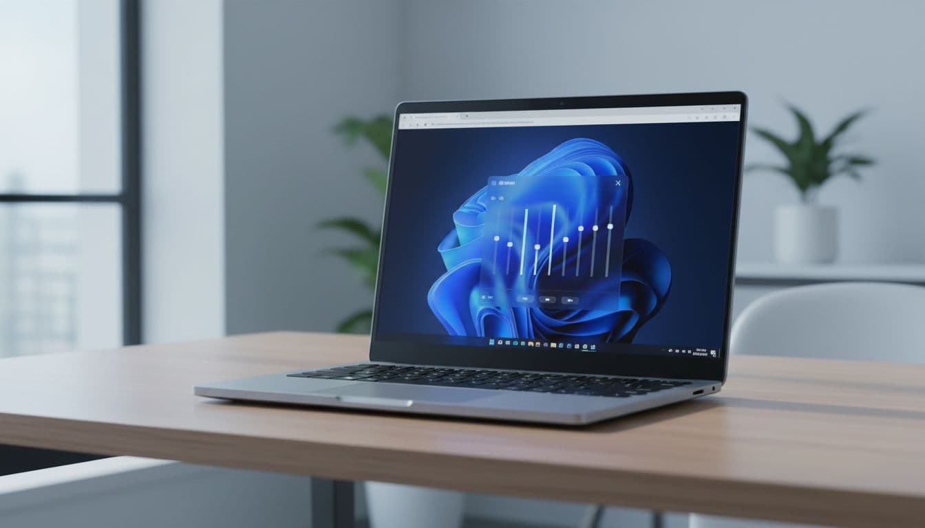 Windows 11 laptop on a desk with a browser tab open showing a muted speaker icon and Volume mixer panel visible on screen