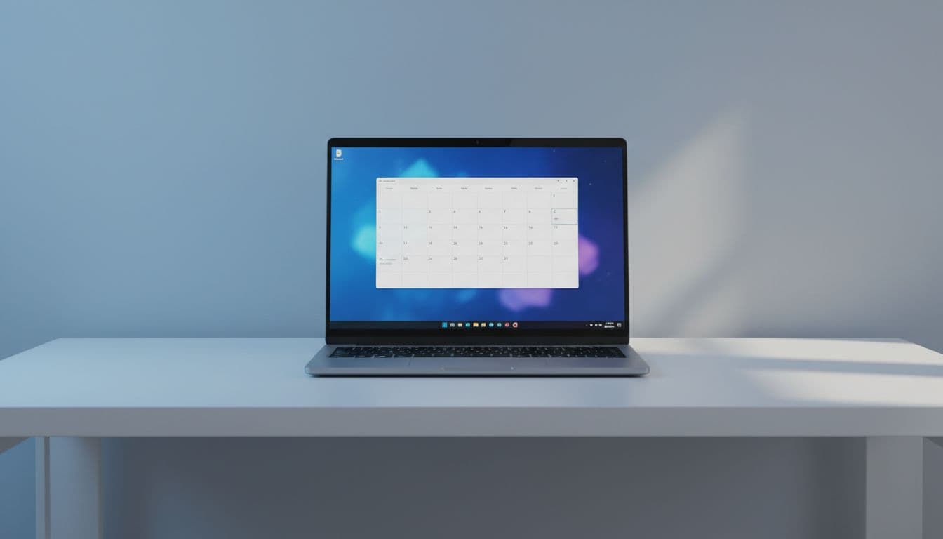 Windows 11 calendar app open on a modern desk showing an empty subscribed calendar with no events visible in the monthly view