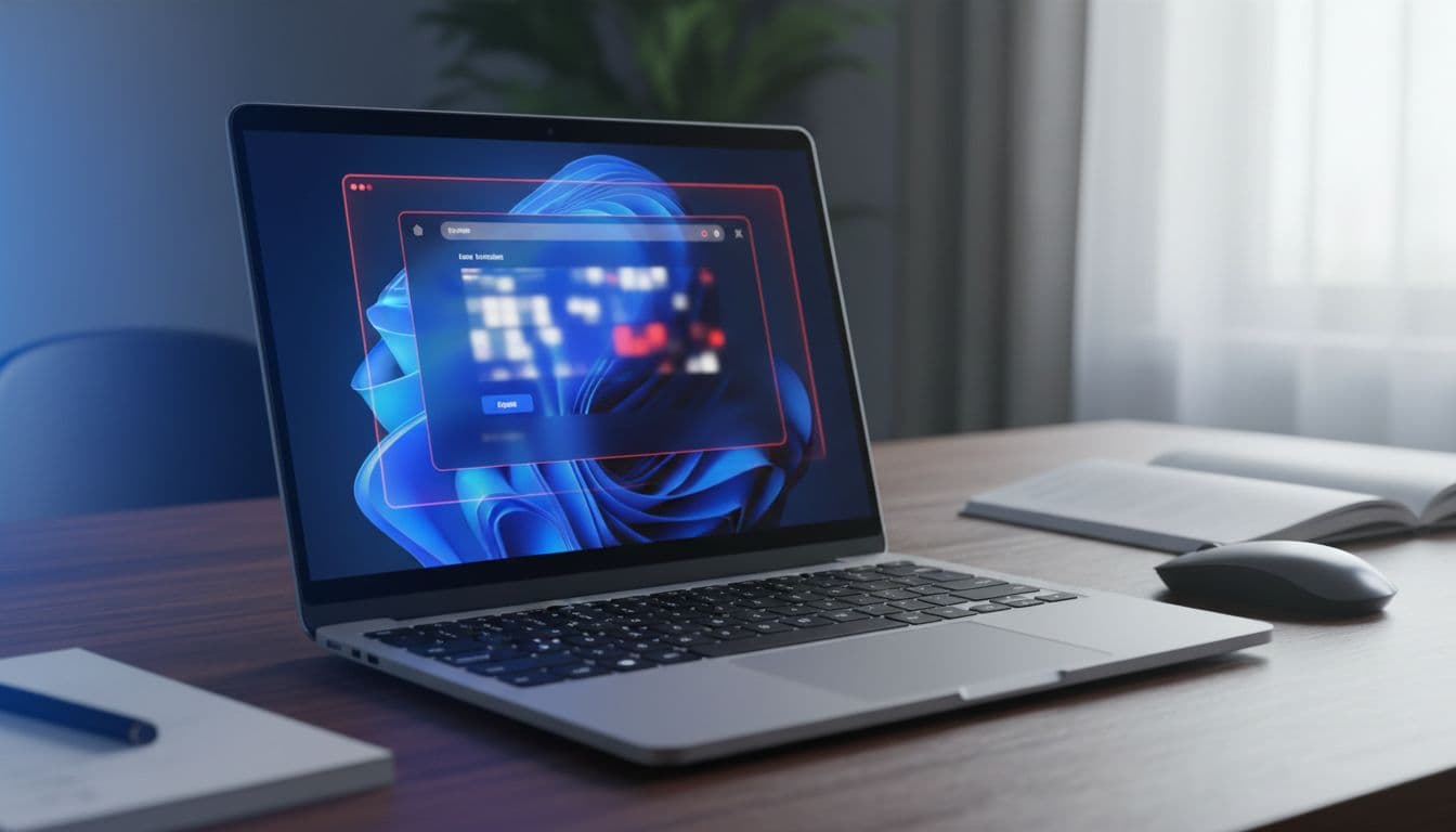 A Windows 11 laptop on a dark desk displaying a suspicious login popup with a warning overlay and padlock icon in dim blue lighting