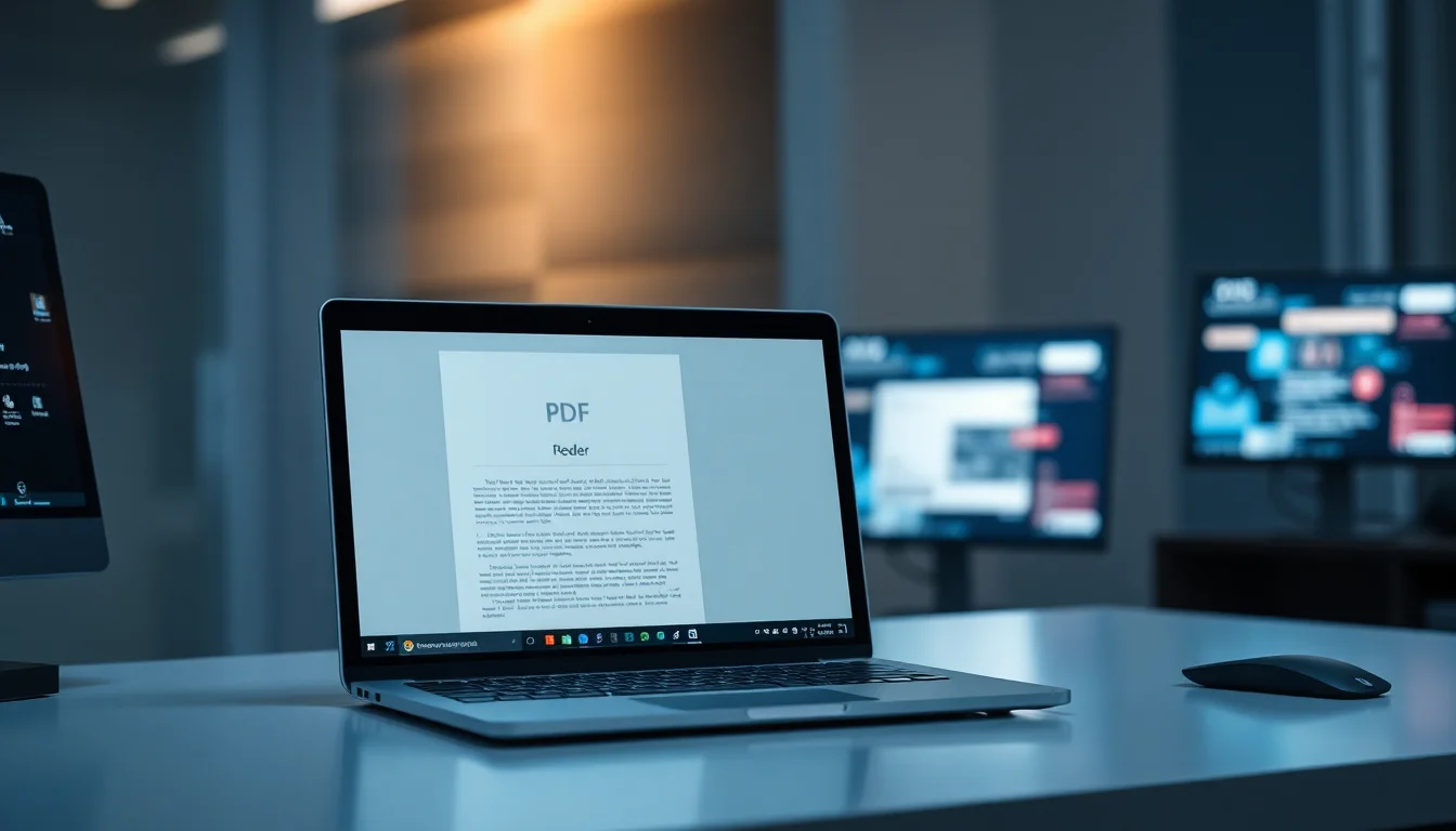 Windows 11 laptop on a modern desk showing Swift PDF app with flat grey interface instead of Mica translucent backdrop effect