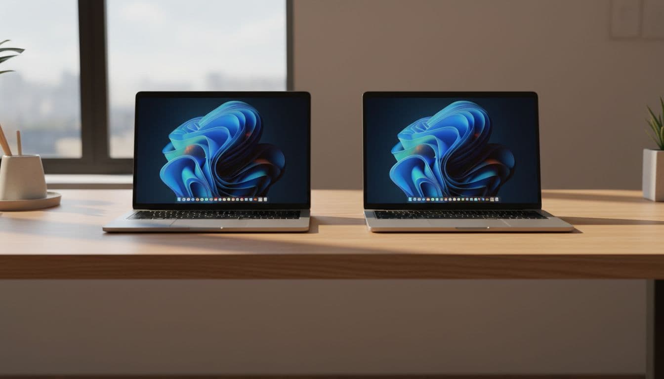 A Windows laptop and a MacBook side by side on a clean modern desk with soft natural light