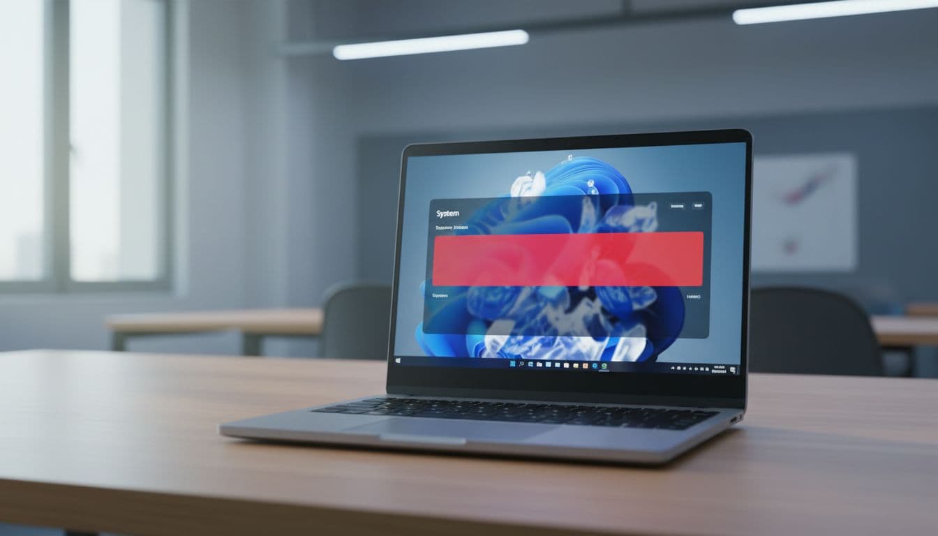Windows 11 laptop on a desk showing Storage settings with System category consuming over 110GB of disk space