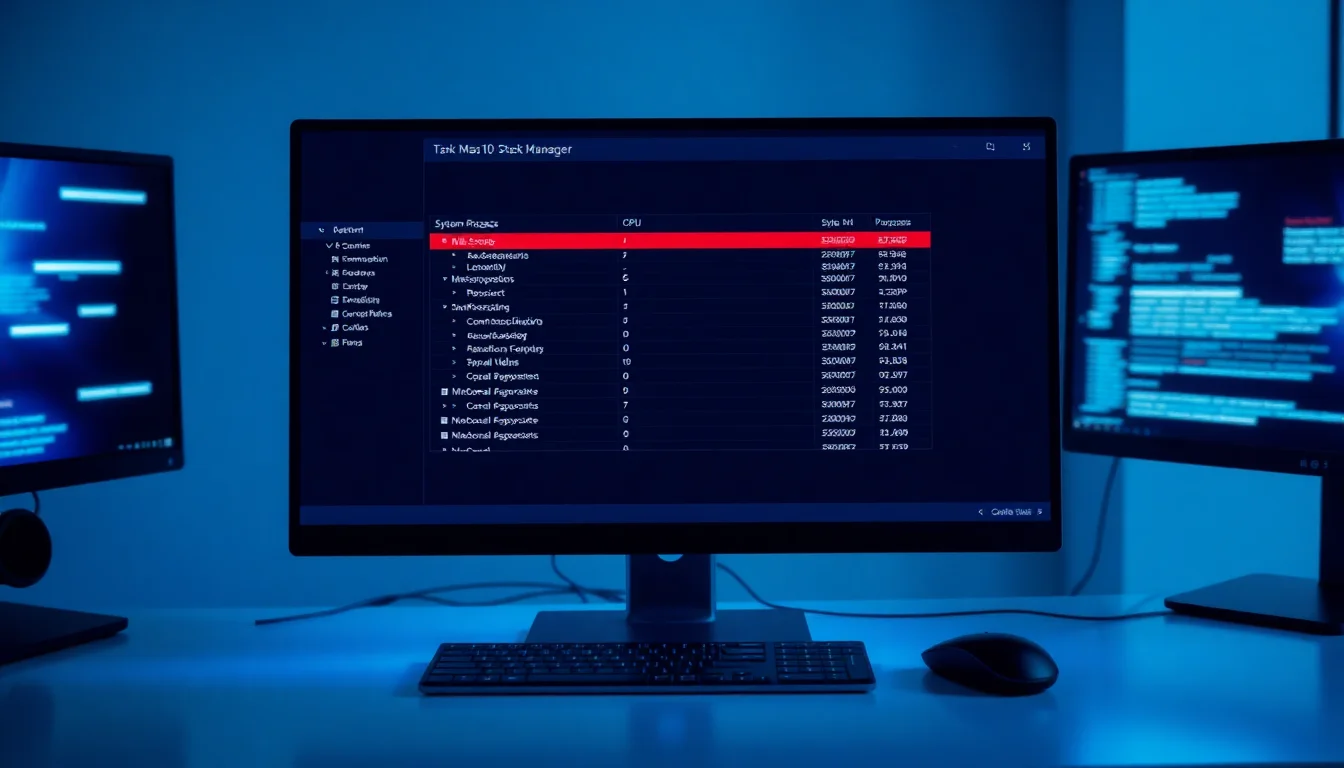 Windows 10 Task Manager showing System process with high CPU usage highlighted in red, modern desk setup with dual monitors, cool blue screen lighting, focused diagnostic atmosphere