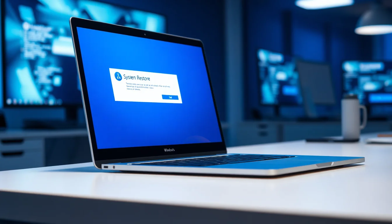 Windows 10 laptop showing System Restore dialog on desktop with error message visible, cool blue lighting, professional focused atmosphere