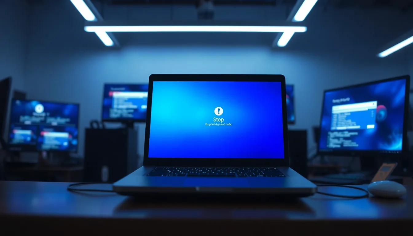 Windows laptop displaying SYSTEM_SERVICE_EXCEPTION blue screen error with stop code, sitting on desk with troubleshooting notes visible