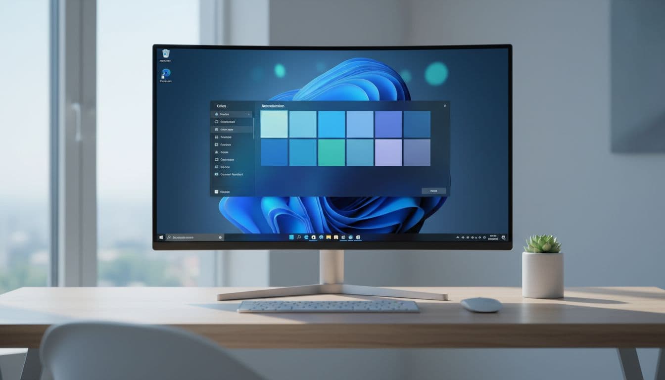 Windows 11 desktop showing personalisation colours settings panel with taskbar accent colour options visible on a modern office monitor