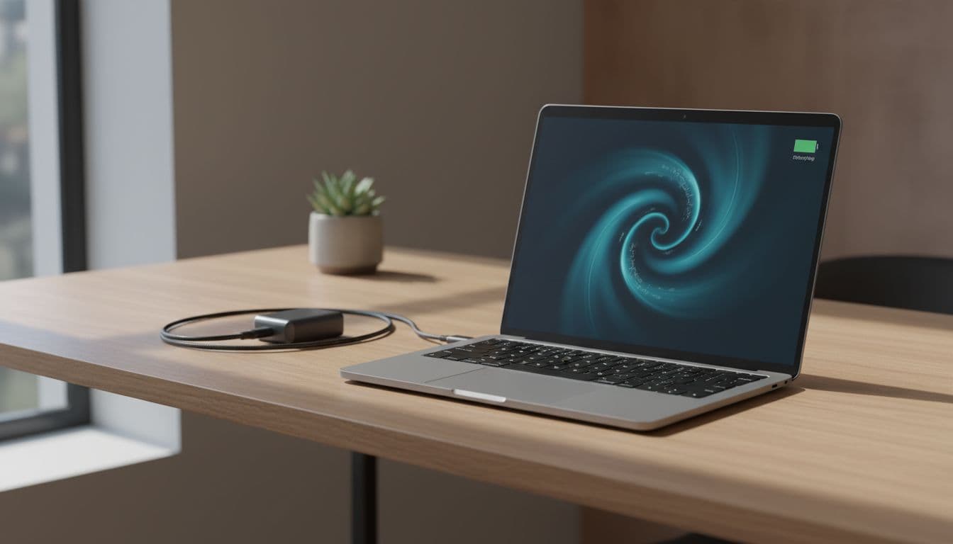 Laptop on a desk showing plugged in not charging status with a third-party USB-C charger connected to the side port