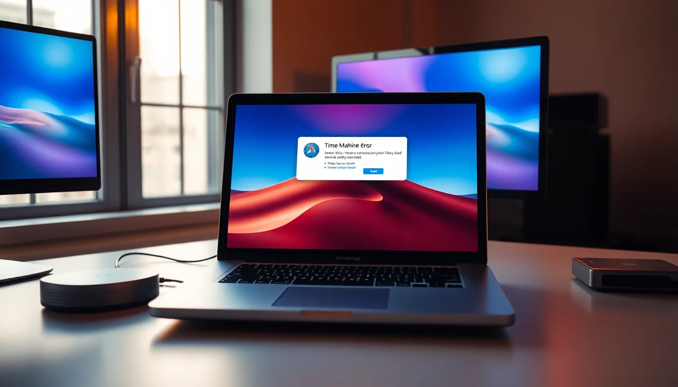 Mac laptop displaying Time Machine backup error 45 notification on desk next to external backup drive, warm natural lighting, focused troubleshooting atmosphere