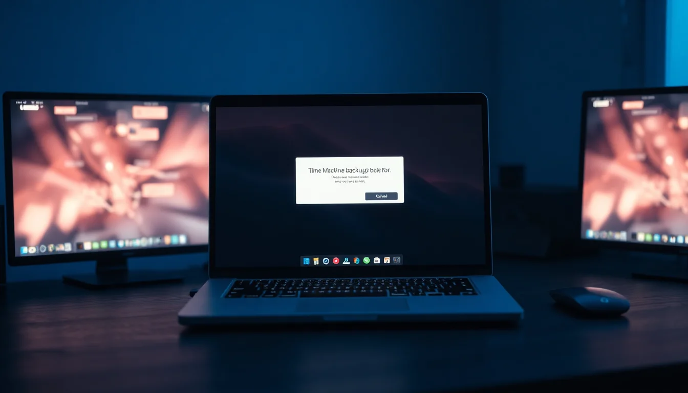 MacBook Pro on a dark desk showing Time Machine not available error message in macOS Tahoe System Settings