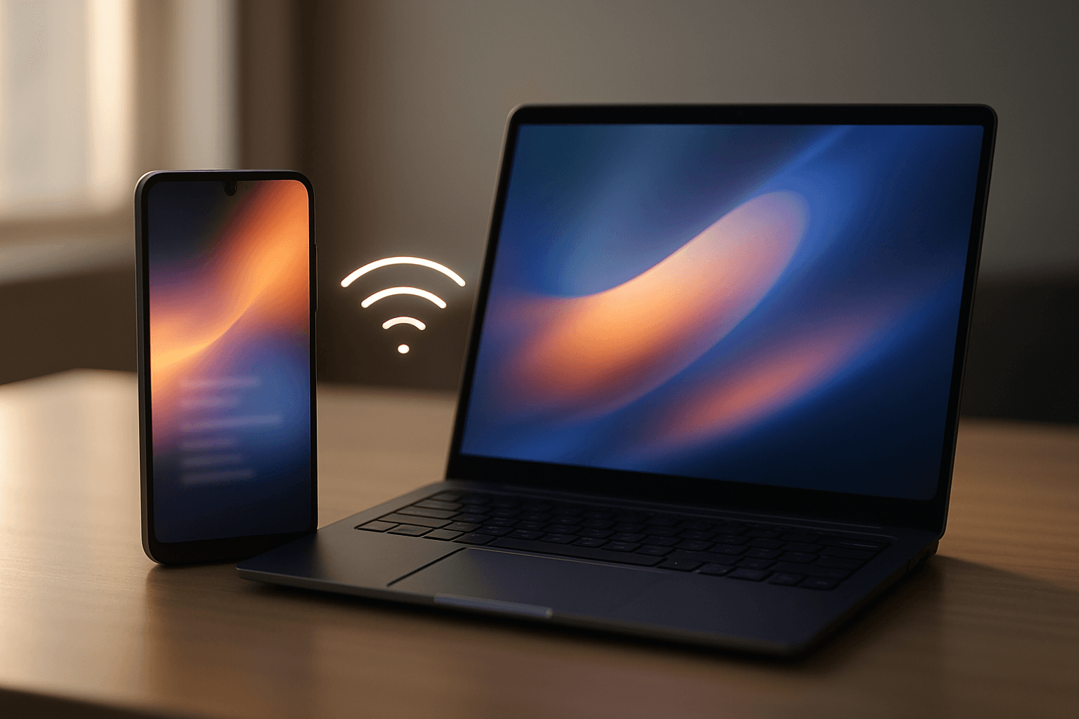 Android smartphone and Windows 11 laptop side by side on a modern desk showing wireless file transfer in progress with a glowing connection indicator