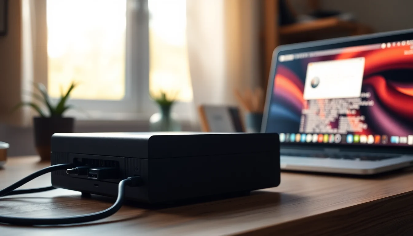 An old external HDD connected via USB to a silver MacBook on a wooden desk, soft warm side lighting, calm focused atmosphere
