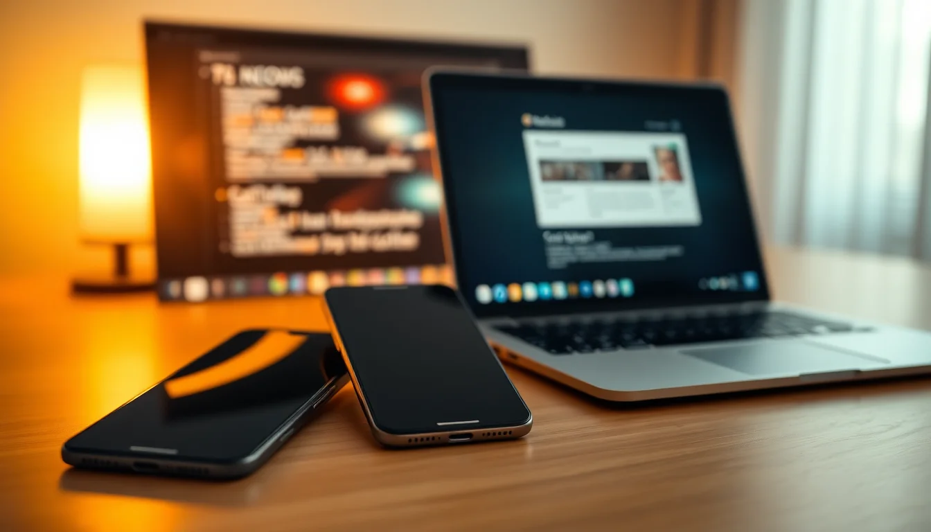 Two smartphones side by side on a desk with a Windows laptop showing a file transfer in progress between the devices