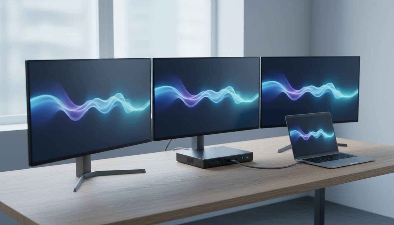 Three external monitors connected to a laptop docking station on a modern office desk showing extended Windows desktop across all screens