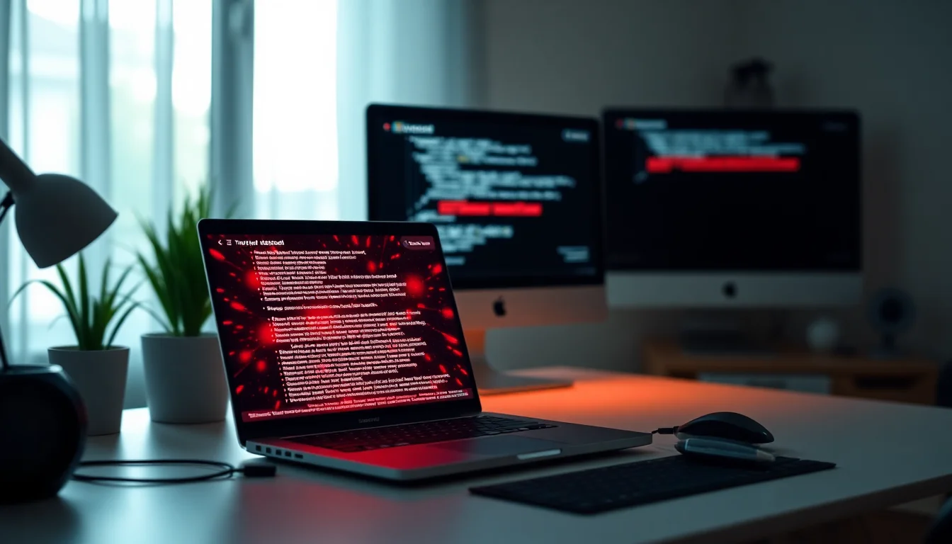 Windows security warning window showing trojan detection alert on laptop screen, blue notification background, focused close-up view on desk