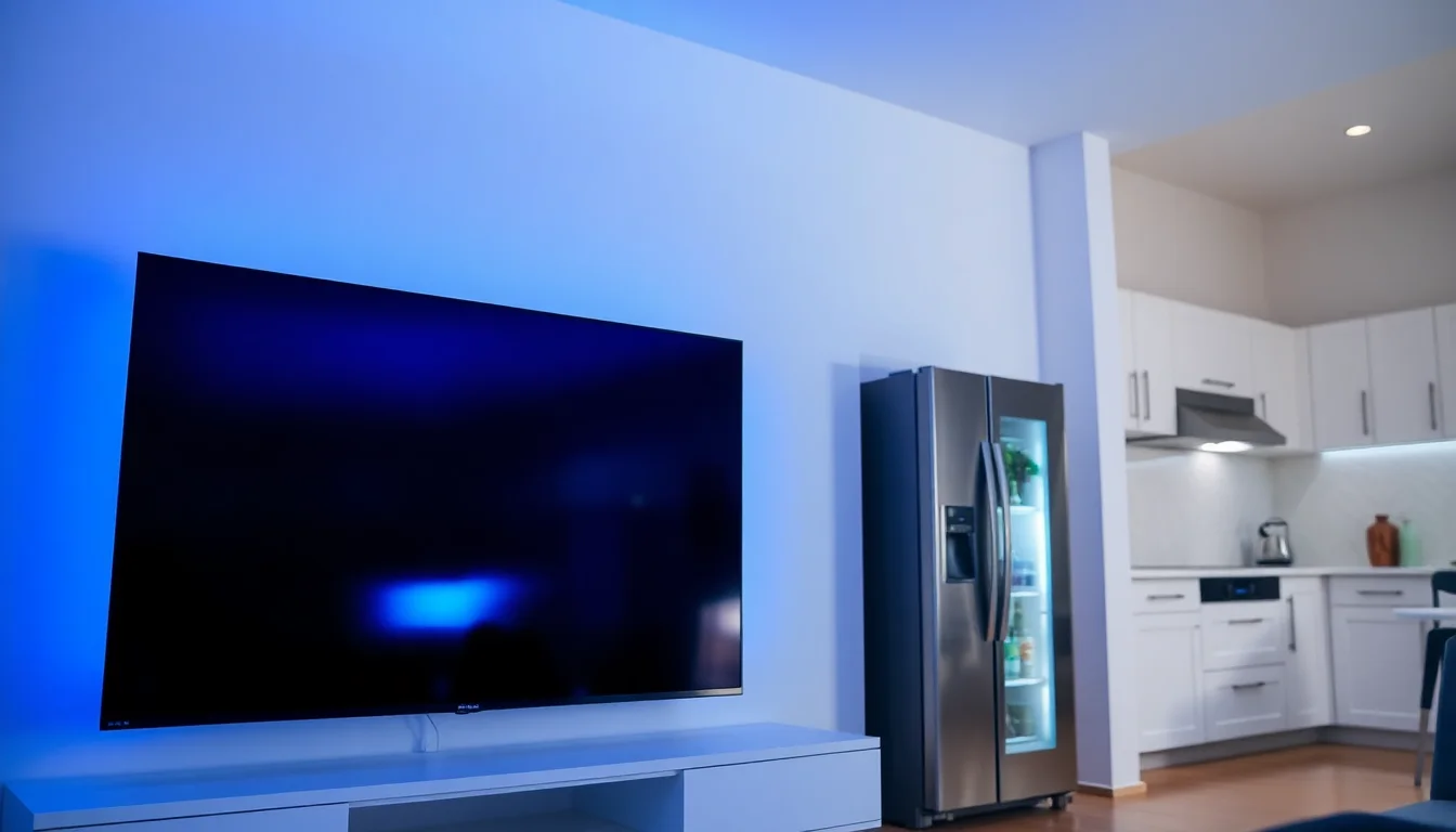Smart TV mounted on living room wall going dark while refrigerator compressor runs nearby on shared circuit