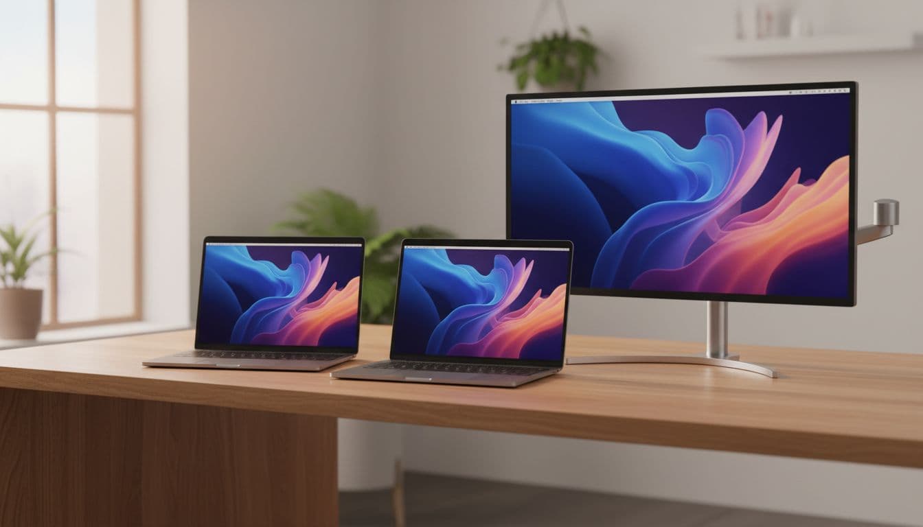 Two MacBook Pro laptops connected to a single external monitor on a tidy modern desk with a shared keyboard and mouse