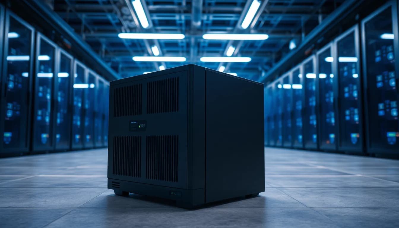 A black APC Smart-UPS tower unit on a grey server room floor with ventilation grilles visible and status LEDs lit