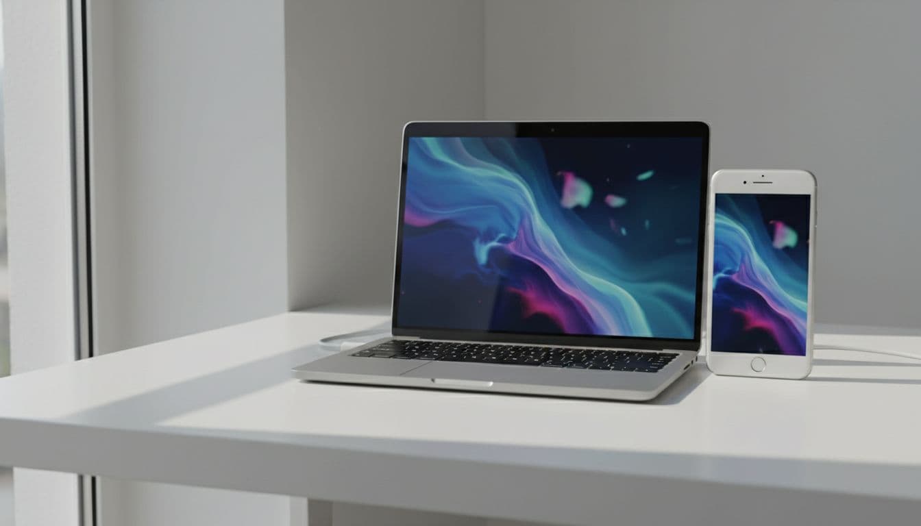 Silver MacBook connected via USB-C cable to an iPhone on a clean white desk showing charging indicator on iPhone screen