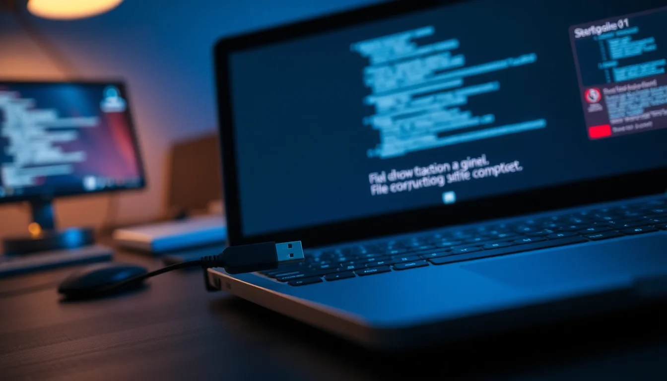 A USB flash drive plugged into a Windows laptop on a dark desk showing a file error dialogue on screen with dim blue ambient lighting