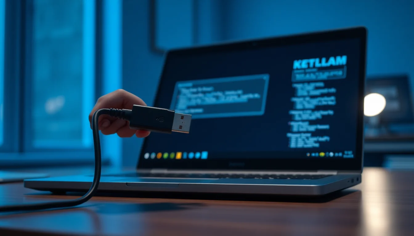 Windows 10 laptop with USB cable partially inserted into port, Device Manager window open in background showing USB controller with warning symbol, blue office lighting, technical focused atmosphere