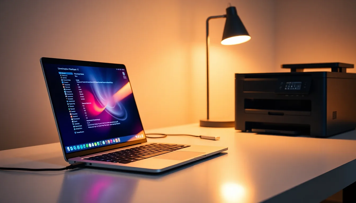 A Dell Windows 11 laptop on a modern desk with a USB cable connected to a Brother laser printer, warm desk lamp illumination, focused professional atmosphere