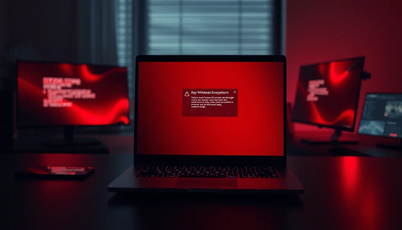 Windows 11 laptop on a dark office desk displaying a user profile login failed error message on the lock screen with a red warning glow