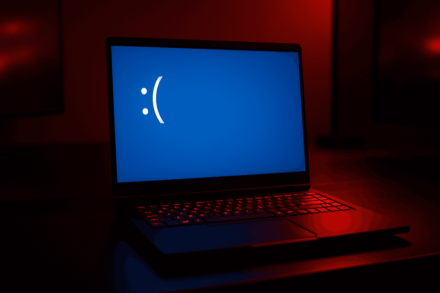 A gaming laptop on dark desk displaying Windows BSOD with VIDEO_TDR_FAILURE error message, harsh red warning lighting, stressed technical atmosphere