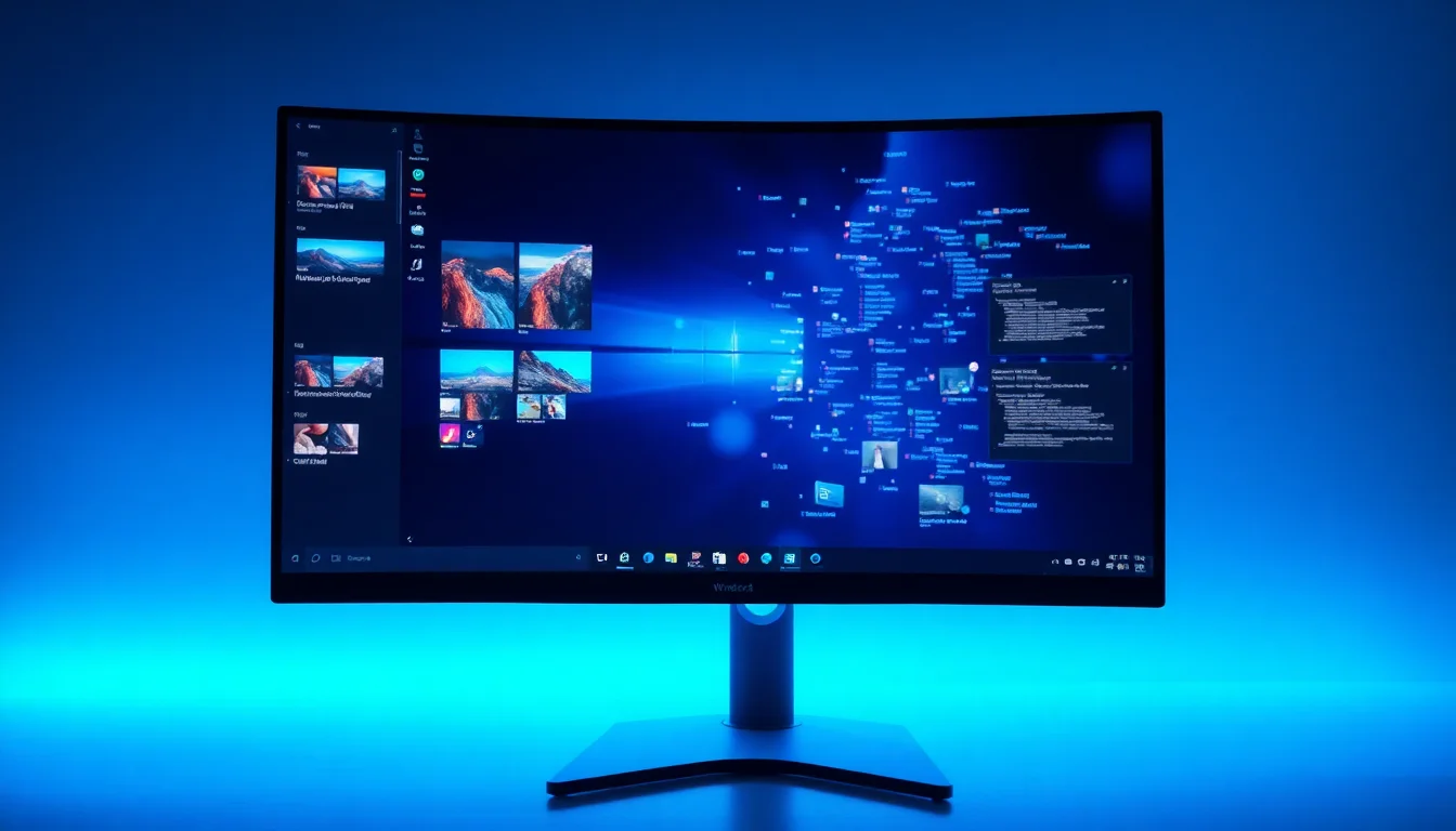 Windows 11 desktop showing four virtual desktop workspace tiles on a modern monitor, with applications scattered across primary desktop after restart, cool blue workspace light
