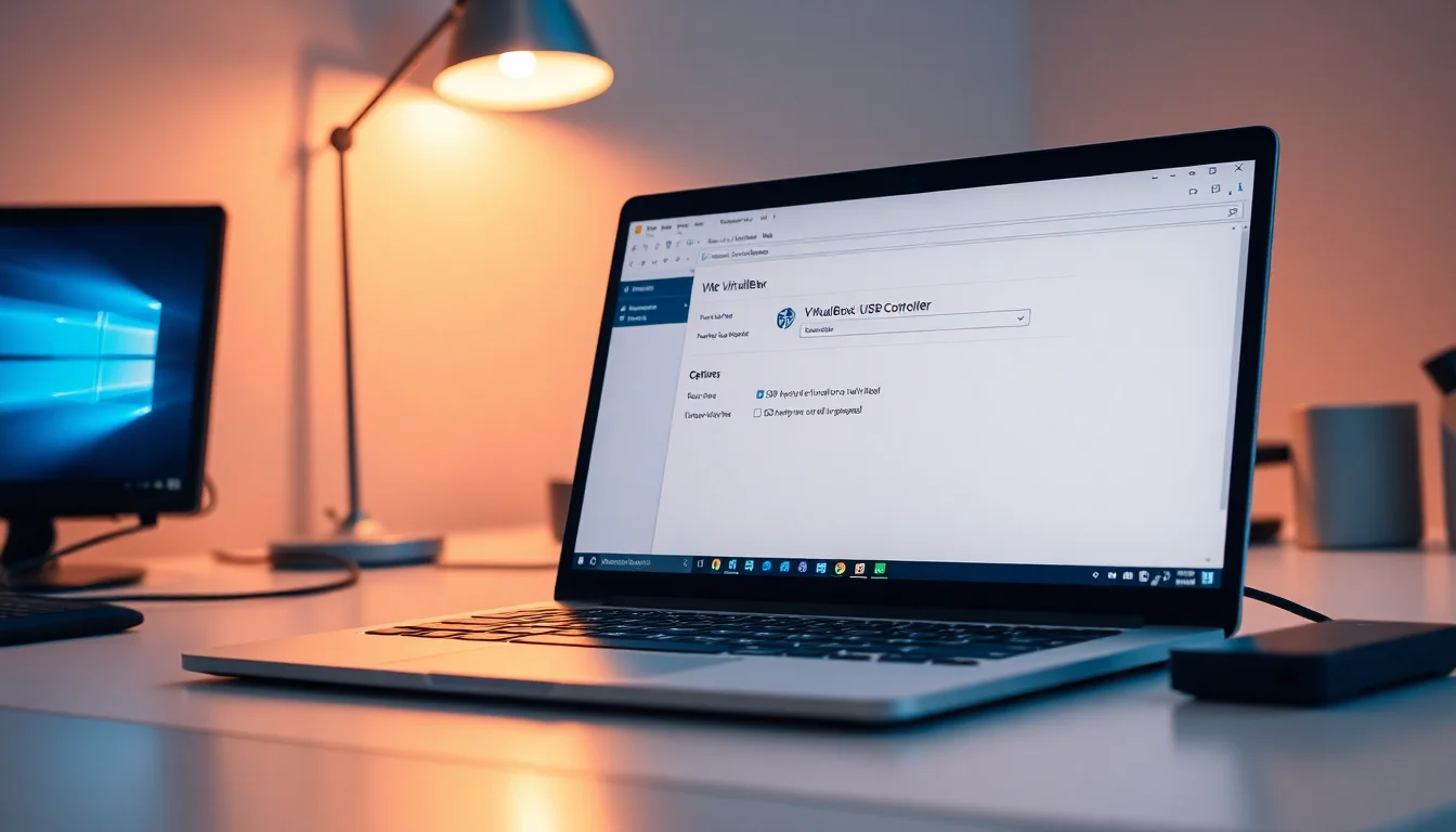 Windows 11 laptop showing VirtualBox interface with USB device connection dialog and extension pack installation on modern desk
