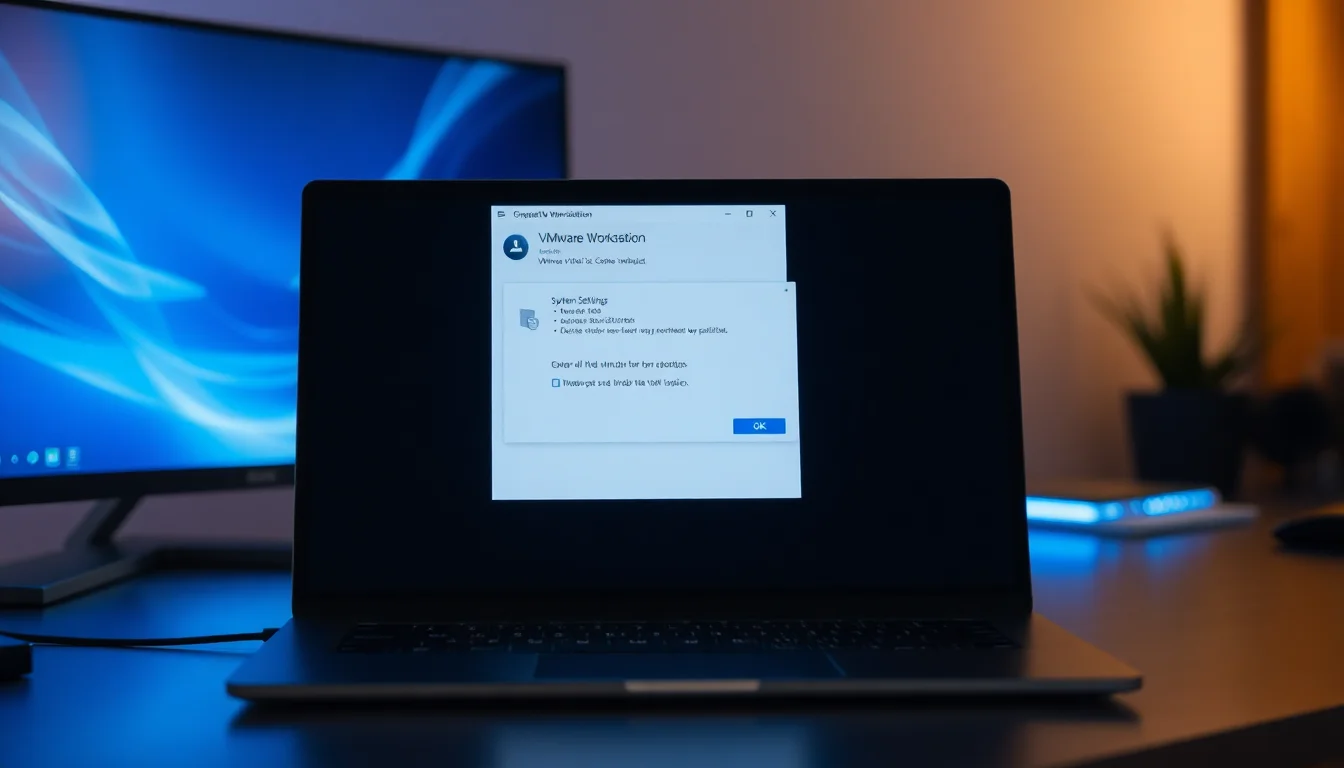 Windows laptop displaying VMware Workstation error 0xc0000005 access violation message on dark desktop with system settings panel visible
