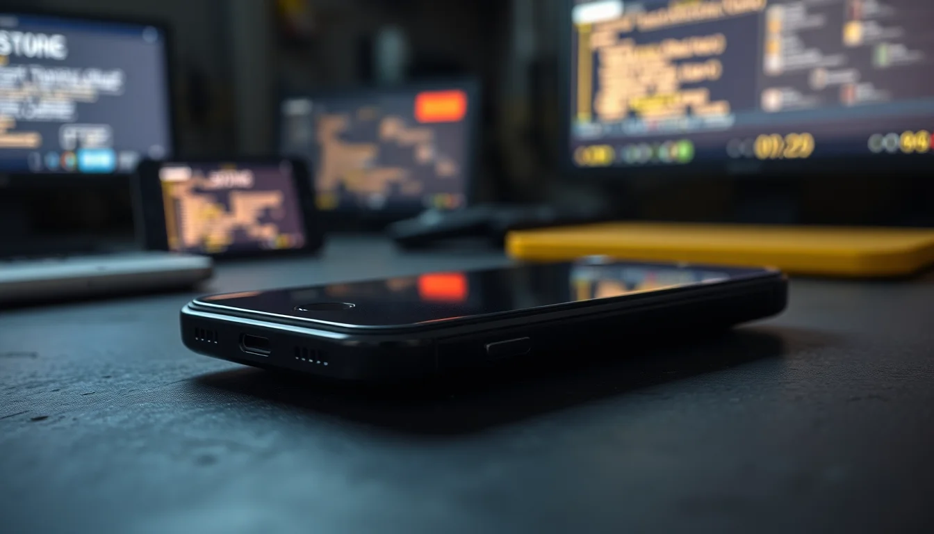 Smartphone with missing side volume button on a grey slate workbench showing a cracked button housing and exposed frame