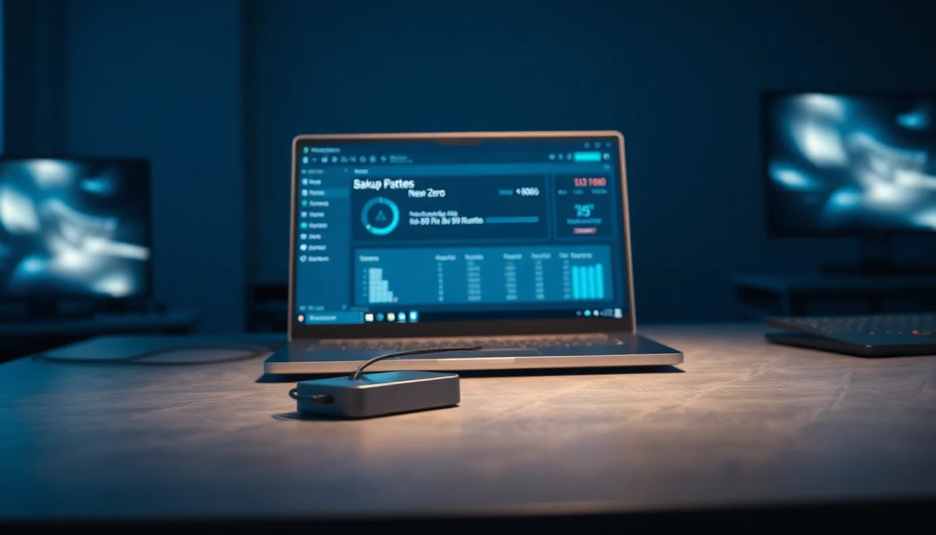 External hard drive connected to a Windows laptop on a dark desk showing backup repository statistics with minimal space savings