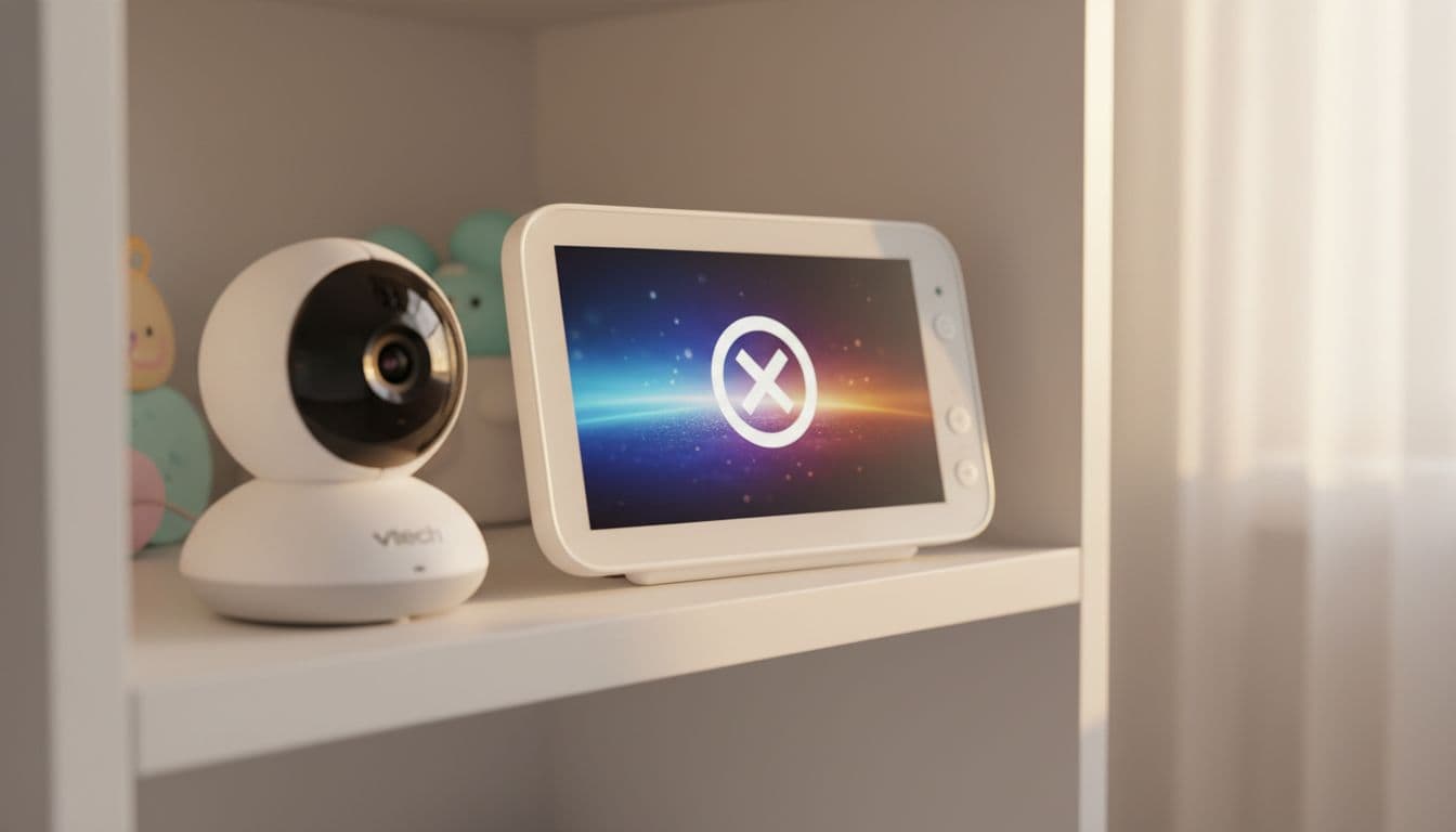 VTech baby camera unit placed on a nursery shelf next to a parent monitor showing a lost connection warning on screen