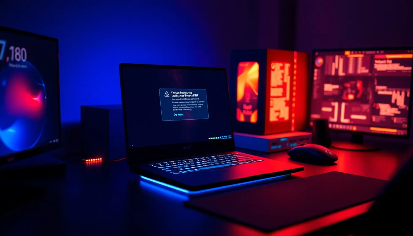 Windows 11 gaming laptop displaying Warzone 2 crash dialog with DXGI_ERROR_DEVICE_HUNG message on desk with RGB lighting, dramatic red-blue accent lighting from monitor, tense frustrated atmosphere