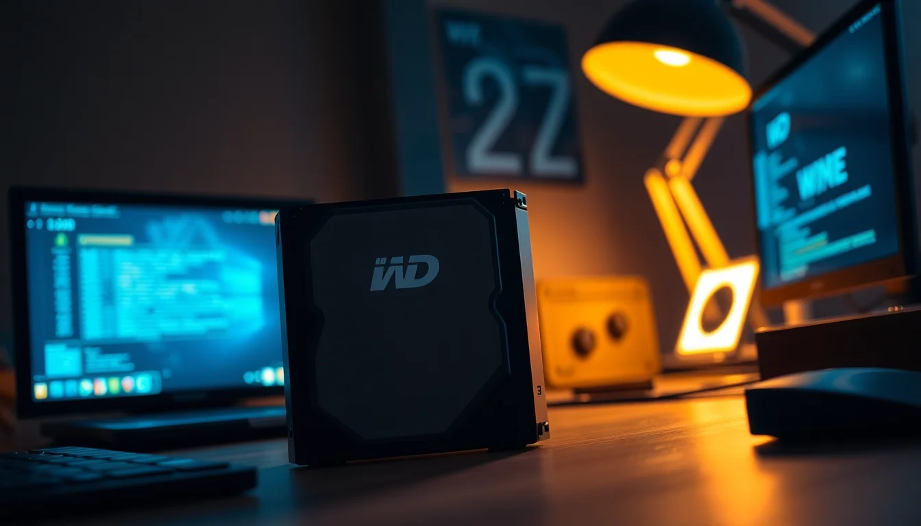 Western Digital external hard drive showing beeping motor failure on modern desk with USB cables, warm side lighting, urgent diagnostic atmosphere
