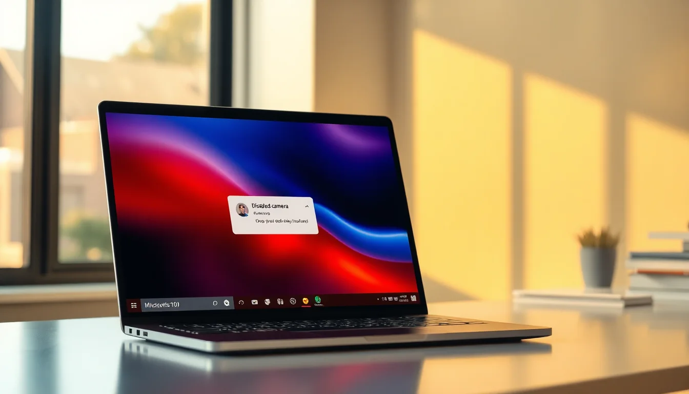 Windows 10 laptop showing Teams interface with camera disabled icon, sitting on modern office desk with natural side lighting, professional focused atmosphere