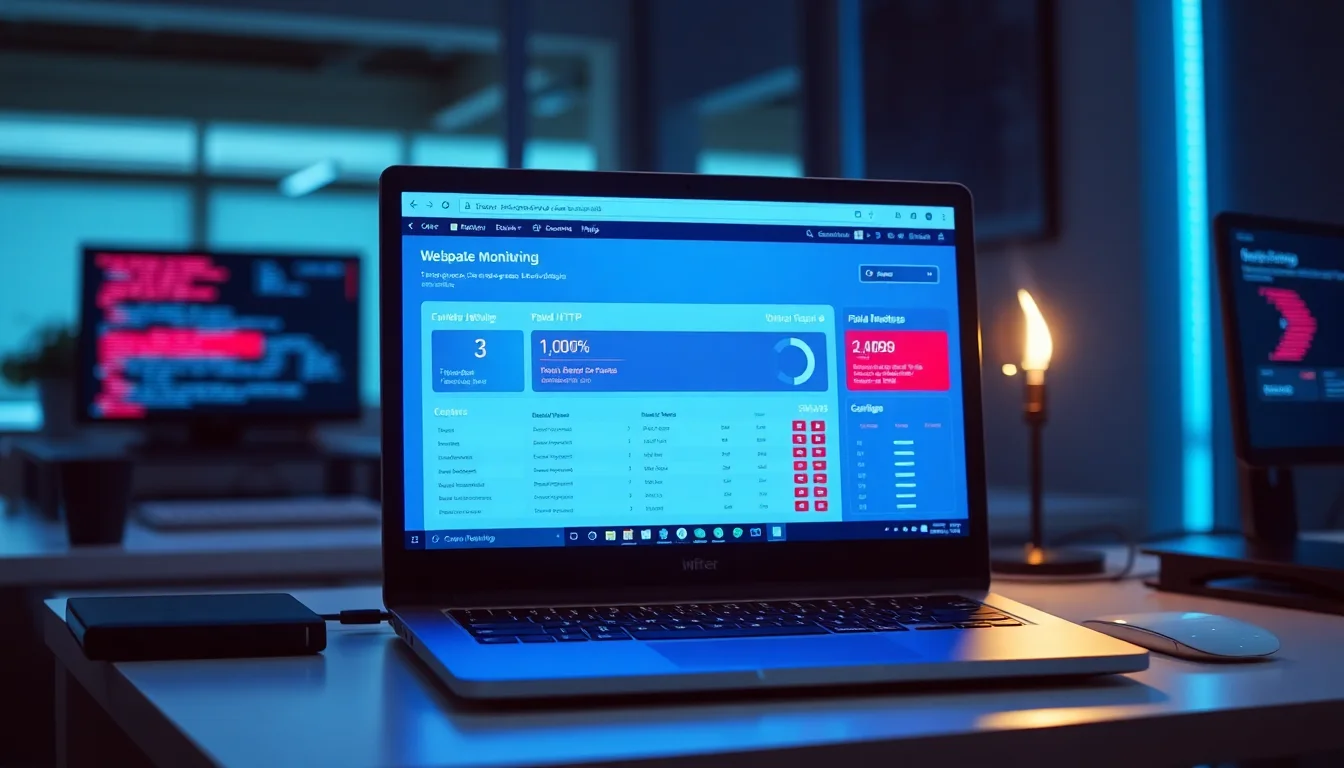 Windows laptop on a desk showing a webpage monitoring dashboard with red alert indicators and HTTP error status codes