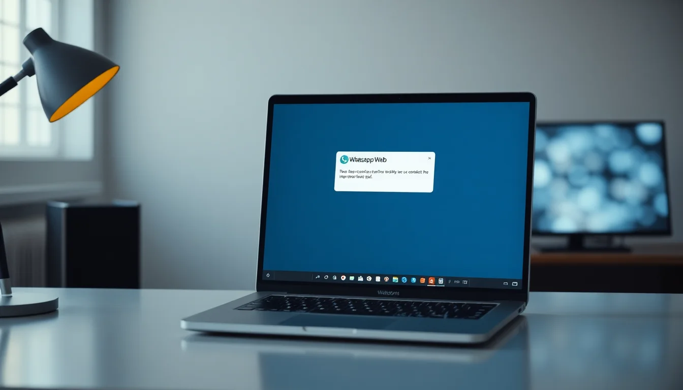 Windows 11 laptop on a desk showing WhatsApp Web with a computer not connected warning and yellow status icon